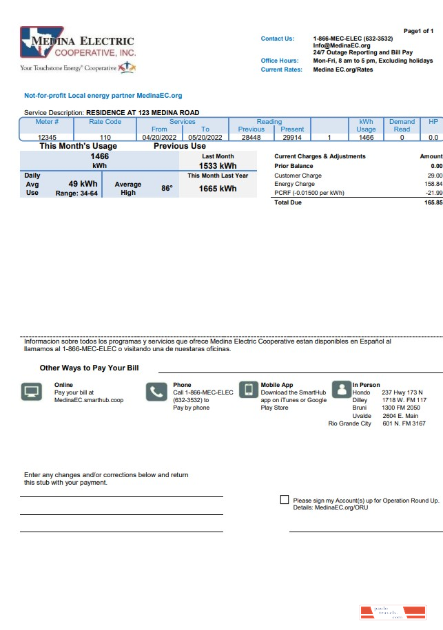 USA Texas Medina Electric utility bill template in Word and PDF format